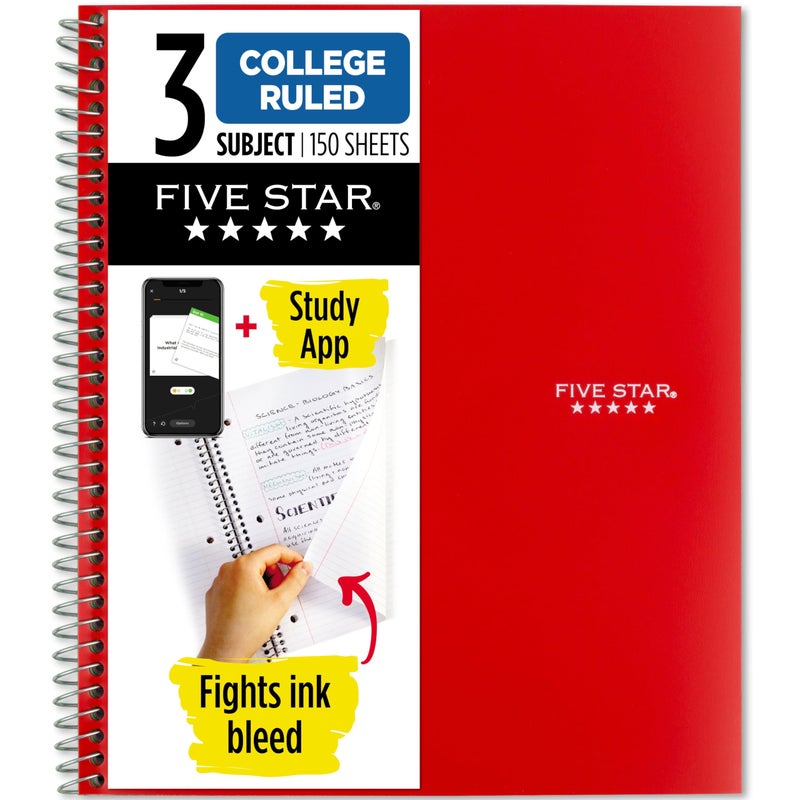 Five Star Spiral Notebook + Study App, 3 Subject, College Ruled Paper, 8-1/2" x 11", 150 Sheets, Fights Ink Bleed, Water Resistant Cover, Fire Red (72065) - Image 1